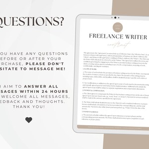 May include: A digital tablet displaying a freelance writer contract template. The text on the screen reads "Freelance Writer Contract". The contract includes sections for scope of work, payment and compensation, and payment schedule.