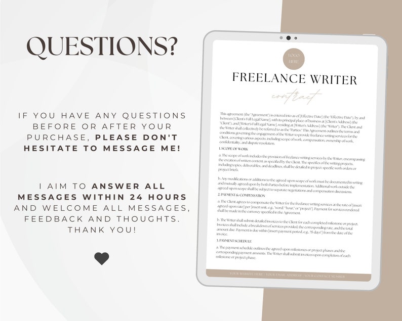 May include: A digital tablet displaying a freelance writer contract template. The text on the screen reads "Freelance Writer Contract". The contract includes sections for scope of work, payment and compensation, and payment schedule.