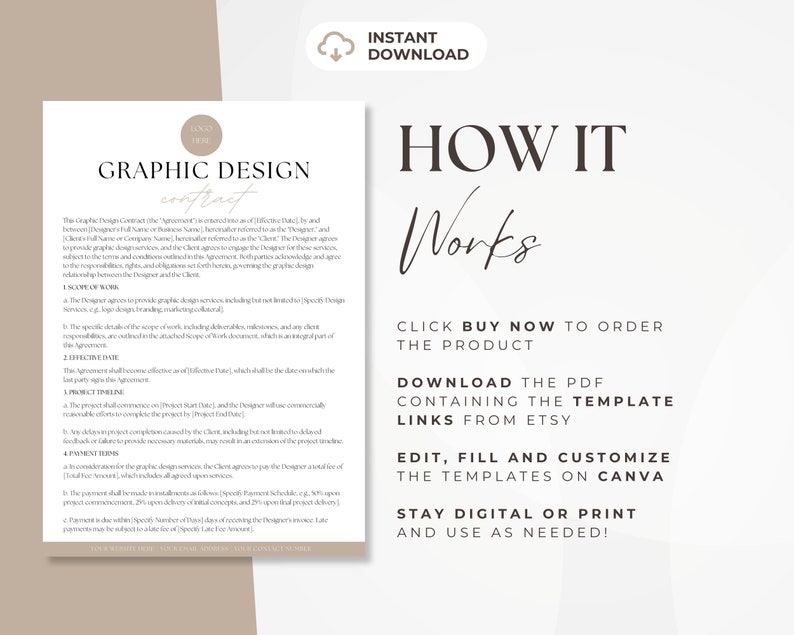Puede incluir: Una plantilla de contrato de dise&ntilde;o gr&aacute;fico para vendedores de Etsy. La plantilla incluye instrucciones sobre c&oacute;mo usar la plantilla, que est&aacute; disponible como un PDF descargable. El texto en la imagen dice "C&oacute;mo funciona", "Haz clic en Comprar ahora para pedir el producto", "Descarga el PDF que contiene la plantilla Enlaces de Etsy", "Edita, rellena y personaliza las plantillas en Canva", "Mantente digital o imprime y usa seg&uacute;n sea necesario!"
