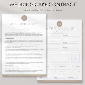 Könnte beinhalten: Eine druckbare Vorlage für einen Hochzeitstortenvertrag und ein Bestellformular. Der Vertrag enthält Abschnitte für die Beschreibung der Torte, die Verkostung und Beratung, die Kosten der Hochzeitstorte und die Zahlungsbedingungen. Das Bestellformular enthält Abschnitte für den Namen, die Adresse, den Geschmack der Torte und die Lieferoptionen des Kunden.