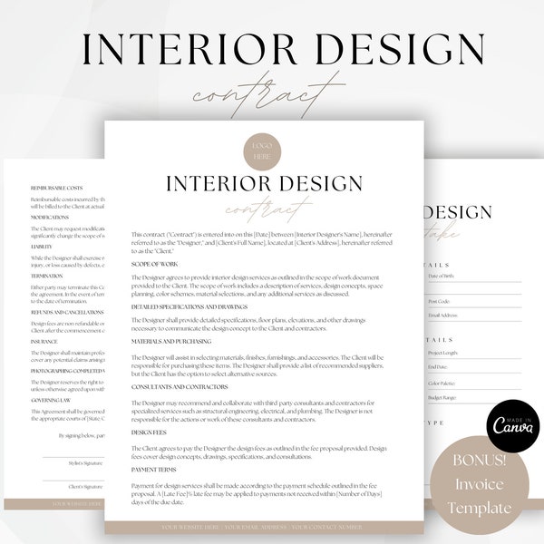 Modello di contratto cliente per interior designer, contratto di servizio, accordo commerciale minimalista, fattura per interior design, modello Canva