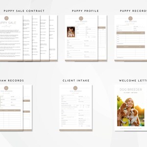May include: A set of printable forms for dog breeders, including a puppy sale contract, puppy profile, puppy records, dam records, client intake form, and a welcome letter. The forms are designed with a simple, modern aesthetic and feature a brown and white color scheme.