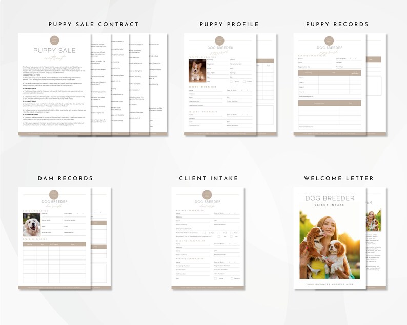 May include: A set of printable forms for dog breeders, including a puppy sale contract, puppy profile, puppy records, dam records, client intake form, and a welcome letter. The forms are designed with a simple, modern aesthetic and feature a brown and white color scheme.