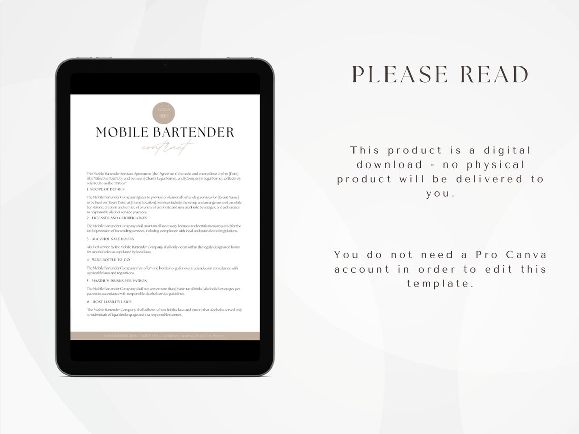 Mobile Bar Contract Template, Canva Editable Bartender Contract, Mobile Mobile Bar Contract Template, Canva Editable Bartender Contract, Mobile