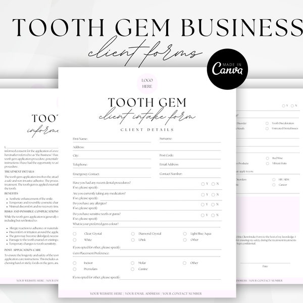 Tooth Gem Consent Form, Teeth Gem Forms, Tooth Jewelry, Esthetician Consent Forms, Cancellation Policy