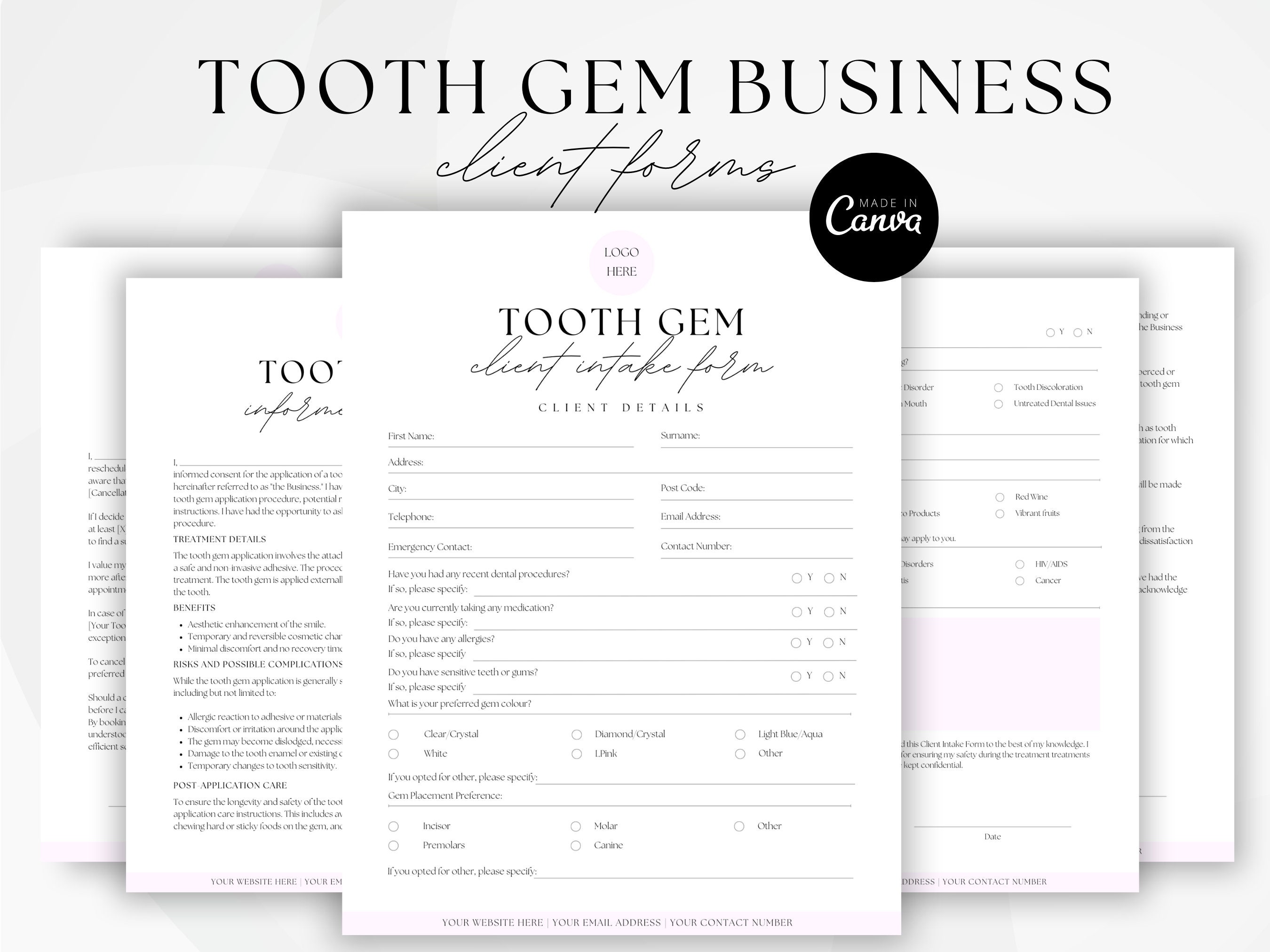 Tooth Gem Consent Form, Teeth Gem Forms, Tooth Jewelry, Esthetician Consent Forms, Cancellation