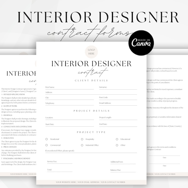 Interior Designer Contract, Minimalist Service Agreement, Interior Designer Photo Release Form, Business Price Quote