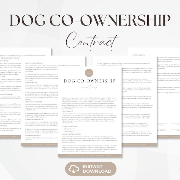 Mitbesitzer-Vereinbarung, bearbeitbare Hundebesitzer-Sharing-Vereinbarung, Haustier-Formulare, Hundezucht-Business Forms, Eigentums-Rechnung, Instant Download