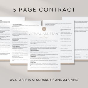 May include: A contract titled "Virtual Assistant Contract" with the text "5 Page Contract" at the top. The contract is displayed on five cream-coloured pages. The text "AVAILABLE IN STANDARD US AND A4 SIZING" is at the bottom.