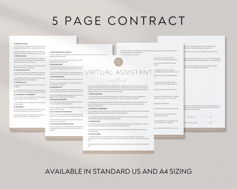 May include: A contract titled "Virtual Assistant Contract" with the text "5 Page Contract" at the top. The contract is displayed on five cream-coloured pages. The text "AVAILABLE IN STANDARD US AND A4 SIZING" is at the bottom.