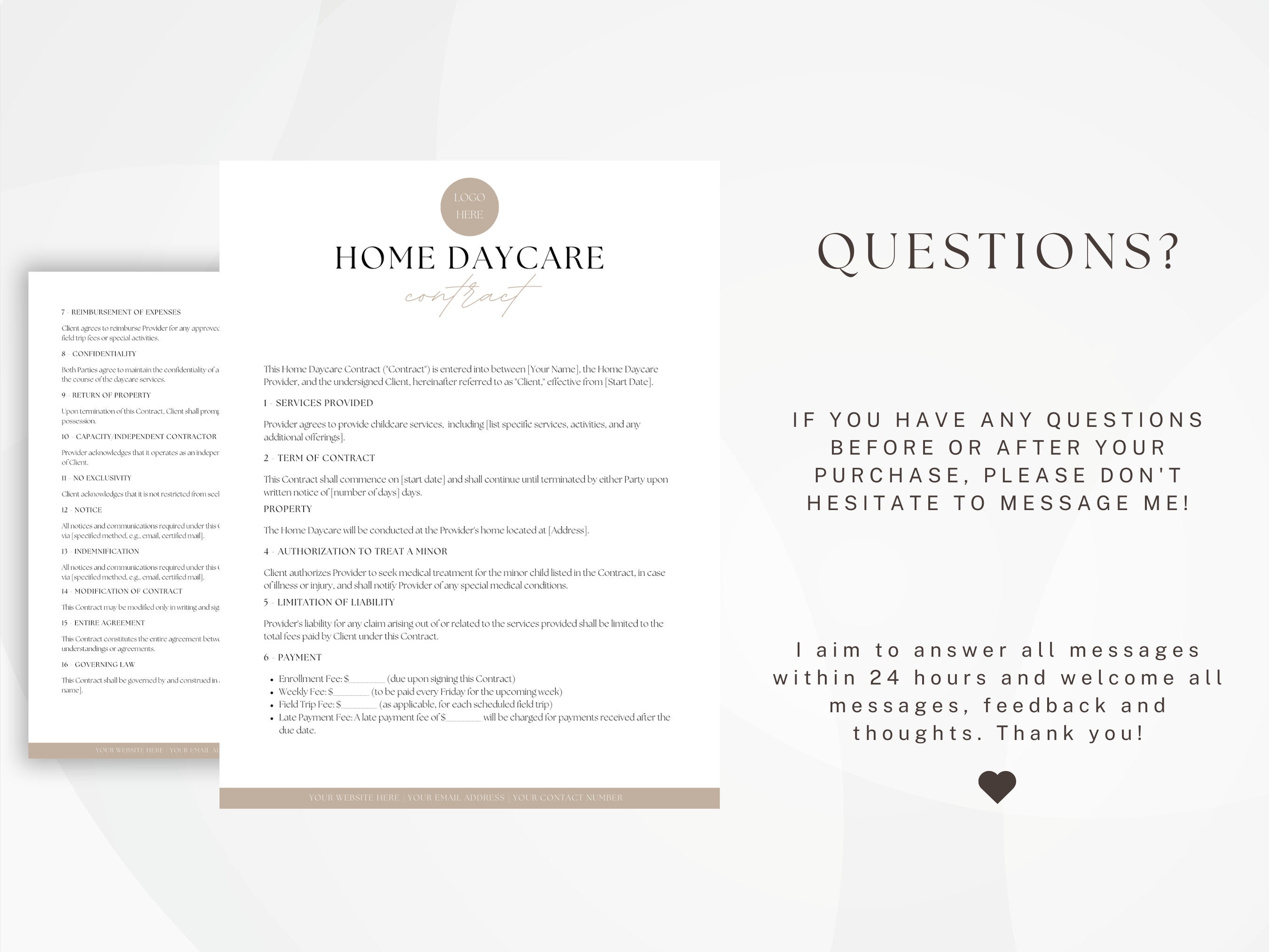 Editable Home Daycare Contract Template, Childcare Forms, Daycare
