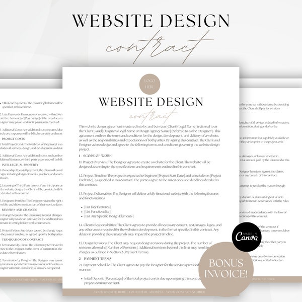 Website Design Contract, Freelance Web Designer Services Agreement, Terms of Service for Custom Website Design, Web Designers Agreement