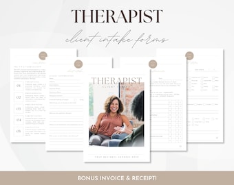 May include: A set of printable client intake forms for therapists. The forms include sections for client information, presenting problems, precipitating factors, purpose of therapy, and goals for therapy. The forms also include a mood and anxiety scale and a section for client feedback.