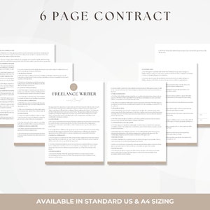 May include: A six-page contract template for freelance writers, available in standard US and A4 sizing. The contract includes sections for scope of work, payment terms, and intellectual property rights.