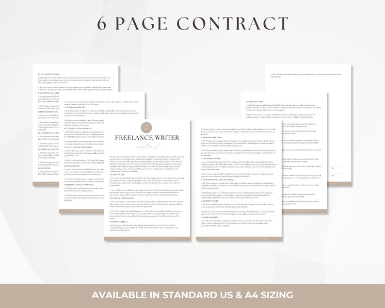May include: A six-page contract template for freelance writers, available in standard US and A4 sizing. The contract includes sections for scope of work, payment terms, and intellectual property rights.