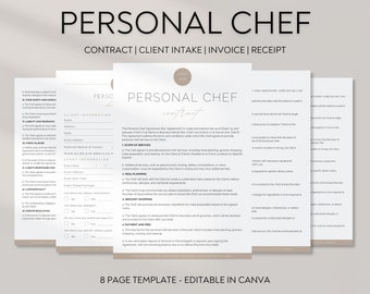Op de afbeelding: Een set van acht afdrukbare pagina's voor een persoonlijk chef-kokcontract, een klantintake, een factuur en een ontvangstbewijs. De pagina's zijn ontworpen in een minimalistische stijl met een beige achtergrond en zwarte tekst. De tekst bevat de titel "Persoonlijke Chef-kok" en de woorden "Contract", "Klantintake", "Factuur" en "Ontvangstbewijs".