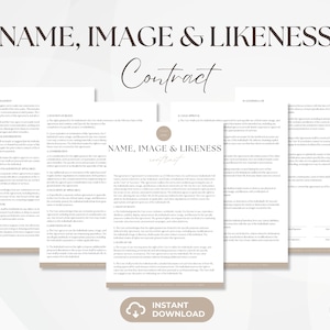 May include: A printable contract template for name, image, and likeness agreements. The document is divided into sections with headings such as "Non-Infringement", "Grant of Rights", "Usage Approval", "Term and Termination", and "Governing Law".