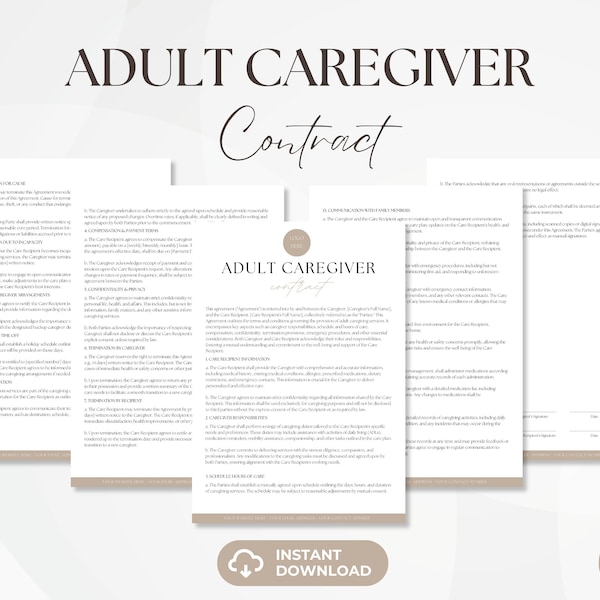 Adult Caregiver Contract, Home Care Services Agreement, Caregiver Forms, Home Healthcare Forms,  Caregiving Agreement, Instant Download