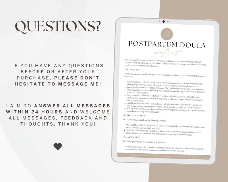 Peut inclure: Un document num&eacute;rique intitul&eacute; "Contrat de Doula Post-partum" sur fond beige clair. Le document d&eacute;crit les services fournis par une doula post-partum, notamment le soutien &eacute;motionnel, les conseils en mati&egrave;re d'allaitement, les soins aux nouveau-n&eacute;s et l'&eacute;ducation. Le document comprend &eacute;galement des informations sur la disponibilit&eacute; et les honoraires de la doula.