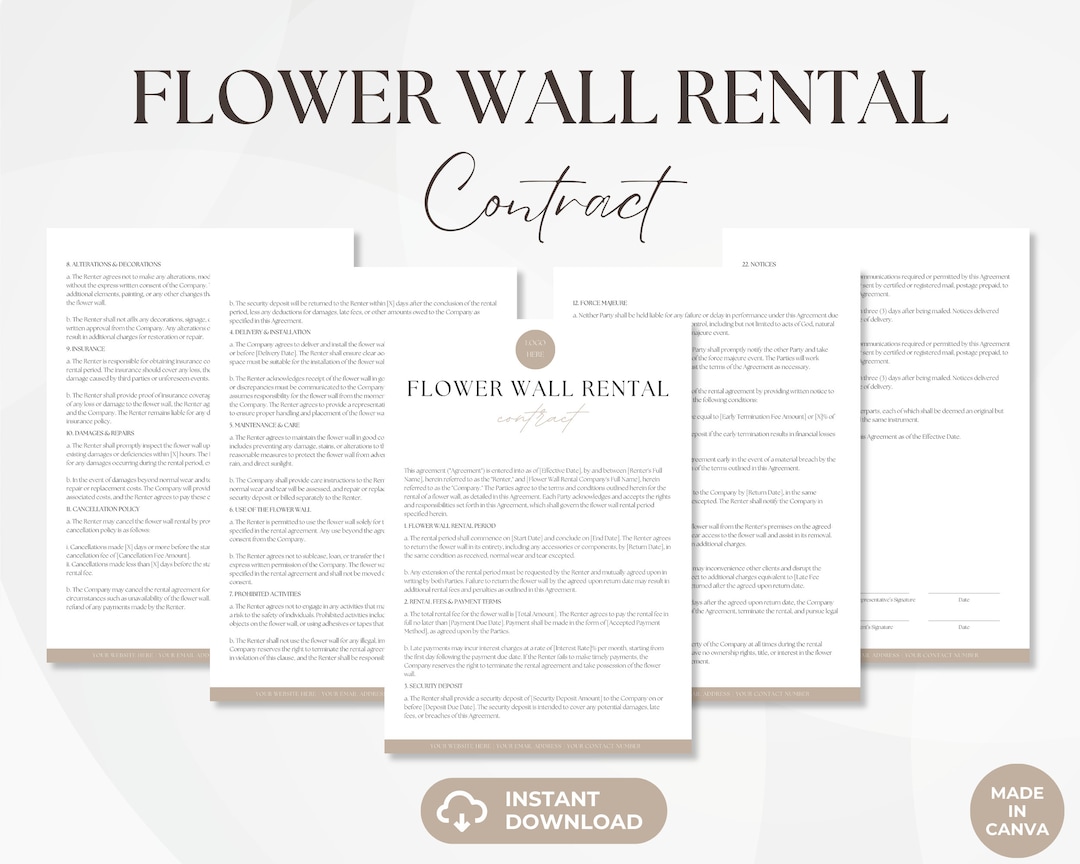 Flower Wall Rental Contract, Editable Flower Wall Renting Services