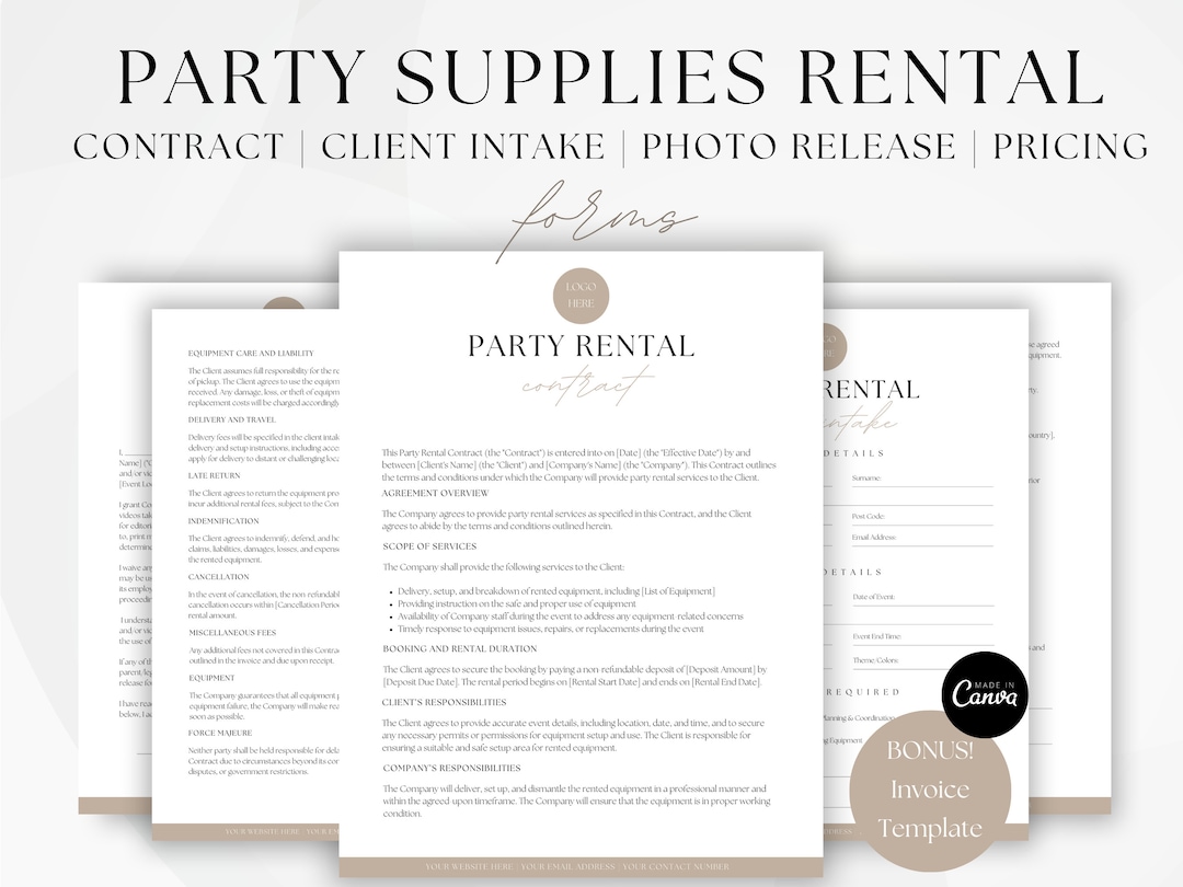 Party Supply Rental Contract, Event Rental Agreement, Equipment Rental
