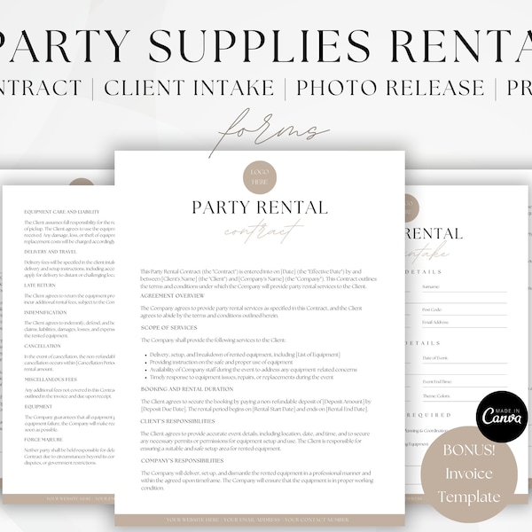 Party Supply Rental Contract, Event Rental Agreement, Equipment Rental Agreement Form, Wedding Decor, Party Rental Client Intake, Canva