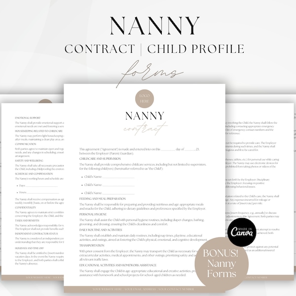 Editable Nanny Contract Template, Nanny Agreement Worksheet, Babysitter Service Agreement, Invoice Forms, Editable Canva Template