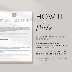 May include: A digital template for a Virtual Assistant contract in beige and white. The document includes sections for scope of services, duration of agreement, compensation, and payment terms. Instructions on how to use the template are also included.