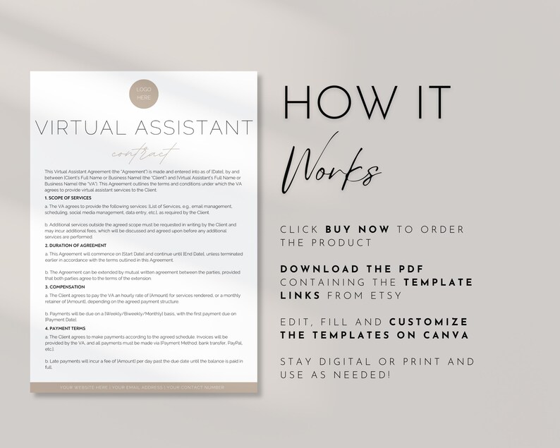 May include: A digital template for a Virtual Assistant contract in beige and white. The document includes sections for scope of services, duration of agreement, compensation, and payment terms. Instructions on how to use the template are also included.