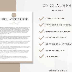 May include: A beige and brown document with the title "Freelance Writer Contract" and a checklist of 26 clauses including "Scope of Work", "Payment & Compensation", "Ownership of Work", "Confidentiality", "Copyright & Attribution", "Governing Law", and "And More!" The document also includes the text "Sizing: US & A4".