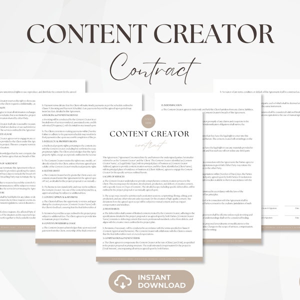 Contrat de créateur de contenu, accord de services d'influence modifiables, formulaires de créateur de contenu, formulaires de création de contenu, téléchargement instantané