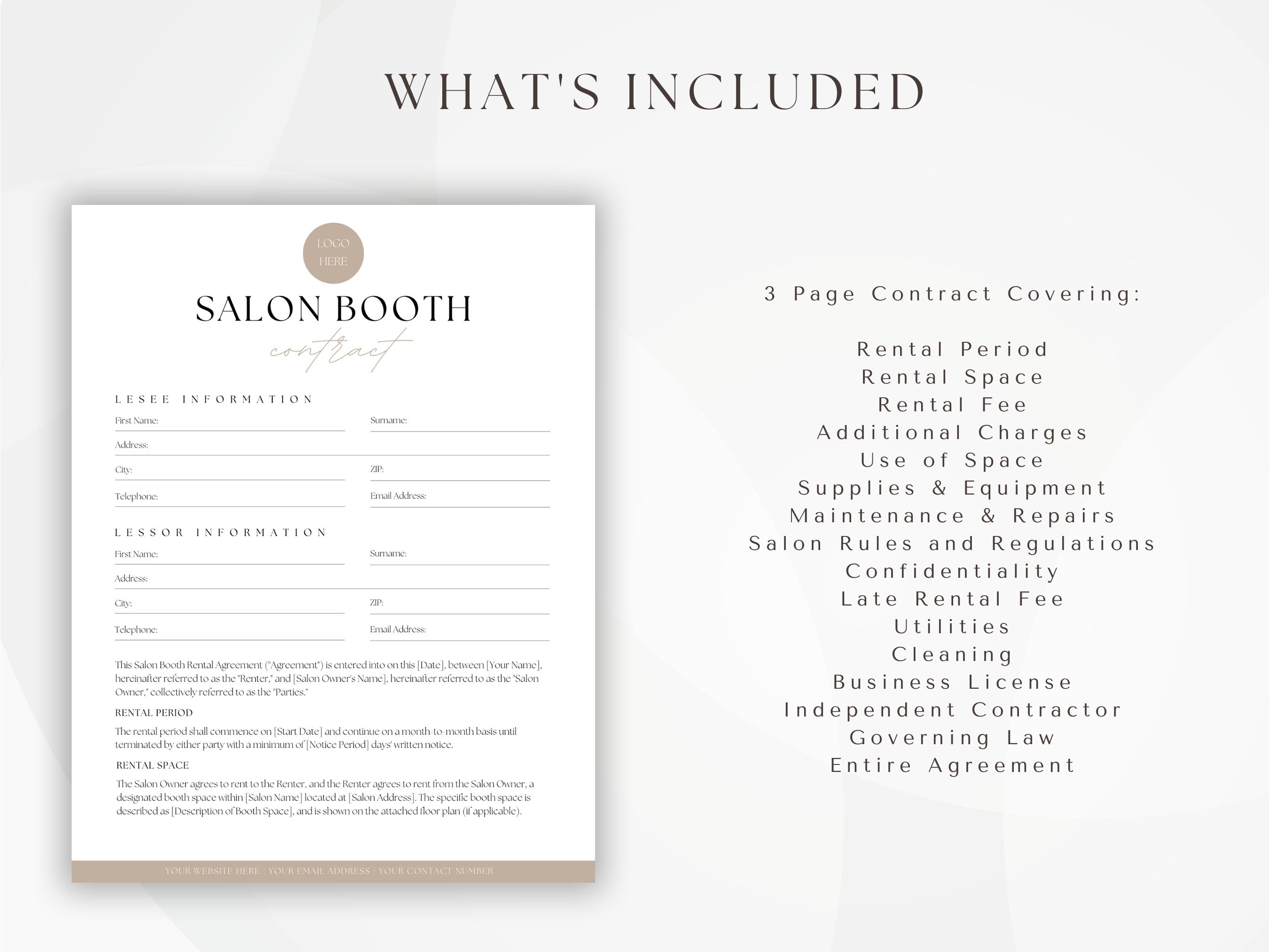 Salon Booth Rental Contract, Editable Booth Rental Agreement, Spa Rental, Salon Chair Rental