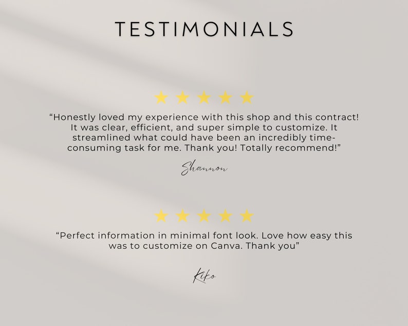 May include: A digital graphic featuring the word "TESTIMONIALS". Two customer reviews are displayed, each with five gold stars above. The first review is from Shannon, and the second is from Kiko.