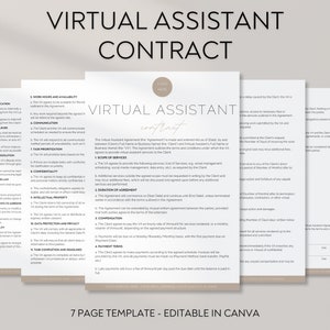 May include: A beige and white Virtual Assistant Contract template, with the title "Virtual Assistant Contract" in black. The document includes sections on services, duration, and compensation. The text "7 PAGE TEMPLATE - EDITABLE IN CANVA" is at the bottom of the document.