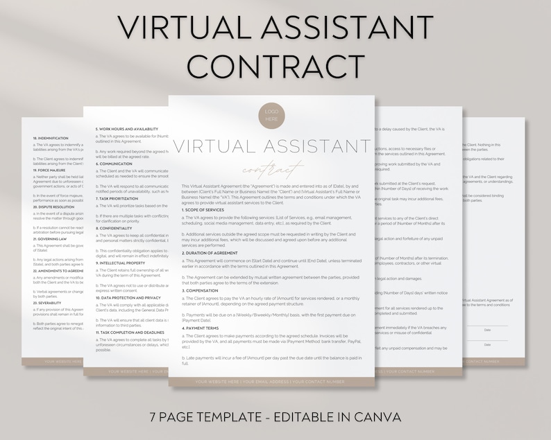 May include: A beige and white Virtual Assistant Contract template, with the title "Virtual Assistant Contract" in black. The document includes sections on services, duration, and compensation. The text "7 PAGE TEMPLATE - EDITABLE IN CANVA" is at the bottom of the document.