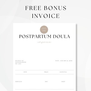 Peut inclure: Un mod&egrave;le de facture noir et blanc pour une entreprise de doula post-partum. La facture comprend le nom de l'entreprise, le num&eacute;ro de facture, la date, l'article, le prix et le sous-total. La facture est de 500 &euro;.