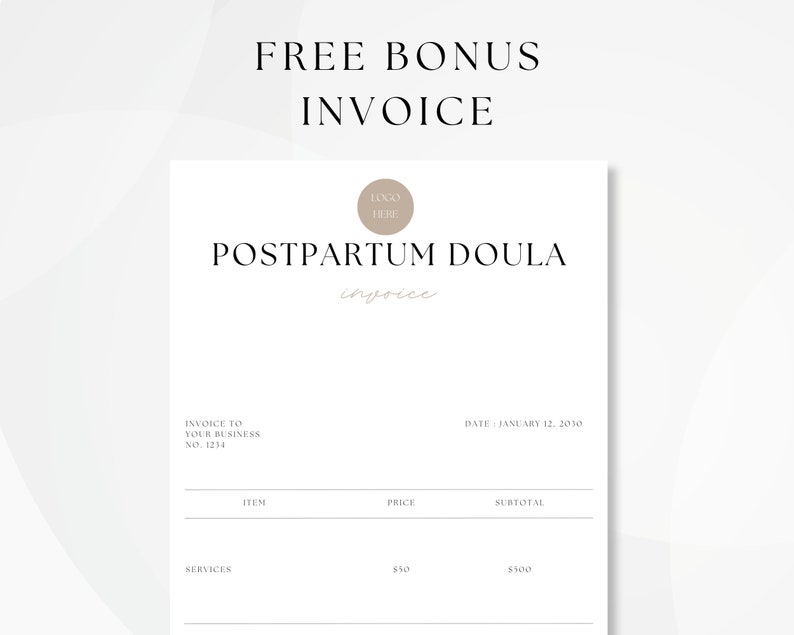Peut inclure: Un mod&egrave;le de facture noir et blanc pour une entreprise de doula post-partum. La facture comprend le nom de l'entreprise, le num&eacute;ro de facture, la date, l'article, le prix et le sous-total. La facture est de 500 &euro;.
