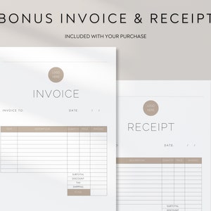May include: A printable invoice and receipt template with space for a logo, invoice to, date, item, description, quantity, price, amount, subtotal, discount, tax, shipping, and total. The template is designed in a minimalist style with a light brown color scheme.
