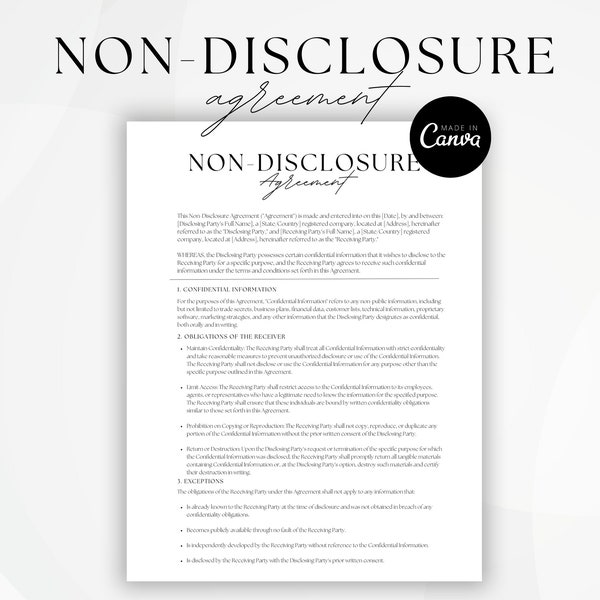 Non Disclosure Agreement Template, NDA Agreement Contract Template, Confidentiality Form