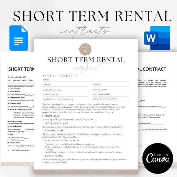 Short Term Rental Agreement Contract, House Rental Services Agreement, Airbnb Contract, Google Docs, Microsoft Word, Canva Templates