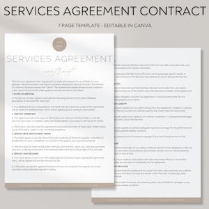 May include: A beige and white services agreement contract template with the text "SERVICES AGREEMENT CONTRACT" in a bold, black font. The text "7 PAGE TEMPLATE - EDITABLE IN CANVA" is below the title. The document includes sections for scope of services, term of agreement, service fees and payment terms, deposit and retainer, and more.