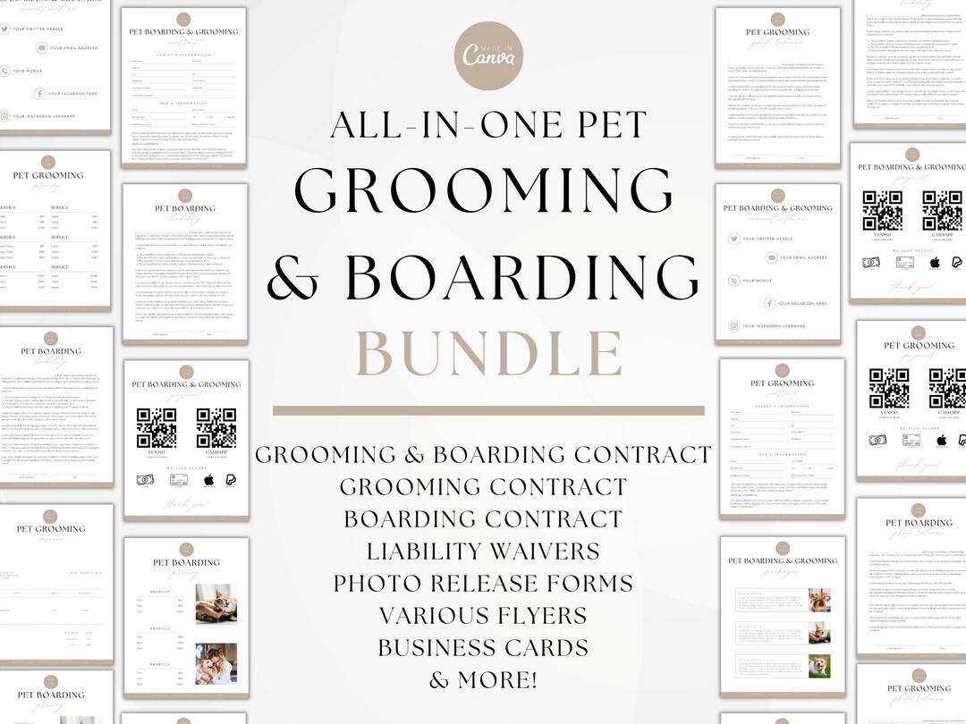 Pet Boarding & Grooming Forms Bundle, Pet Grooming Contract, Kennel