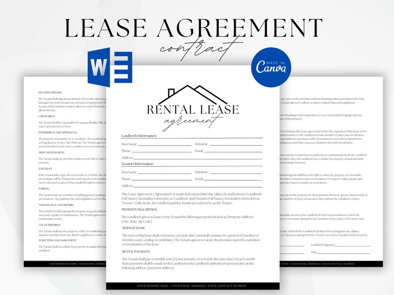 Rental Lease Agreement Template Form, Editable Lease Contract, Landlord