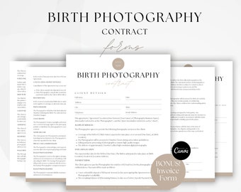 Contrat de photographie de naissance, accord de services de photographie d’événements, photographie de nouveau-né, version de modèle mineur, modèle Canva modifiable