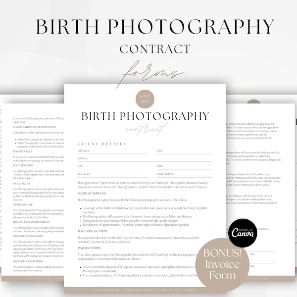 Birth Photography Contract, Event Photography Services Agreement, Newborn Photography, Minor Model Release, Editable Canva Template