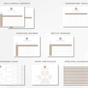 May include: Printable dog breeder forms and charts in black and white with a brown accent color. The forms include daily/weekly weights, temperature check, whelping records, bottle feedings, pedigree chart, puppy certificate, and whelping calendar.