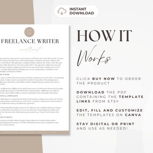 May include: A black and white image with the text "FREELANCE WRITER contract" at the top. The image also includes a list of steps on how to use a freelance writer contract template. The text "HOW IT Works" is at the top of the list of steps. The steps include: "Click Buy Now to order the product", "Download the PDF containing the template links from Etsy", "Edit, fill and customize the templates on Canva", and "Stay digital or print and use as needed!"