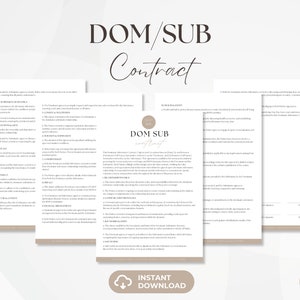 Puede incluir: Una plantilla de contrato imprimible para una relación Dom/Sub. El documento tiene un estilo minimalista con un esquema de color marrón y blanco. El texto "DOM/SUB Contract" se muestra en una fuente grande en la parte superior de la página. El documento está disponible para descarga instantánea.