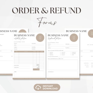 May include: A set of three printable forms for a business, including an invoice, order form, and refund form. The forms are designed in a minimalist style with a brown and white color scheme. The text "ORDER & REFUND Forms" is at the top of the page.
