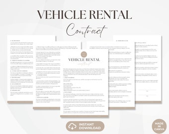 May include: A printable vehicle rental contract template in a beige and brown color scheme. The document includes sections for vehicle details, rental agreement, insurance, and signatures. The text "Vehicle Rental Contract" is displayed in a large font at the top of the document.